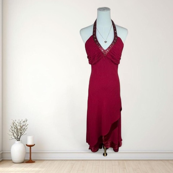 Y2K David\'s Bridal red halter midi dress beaded neckline romantic layered